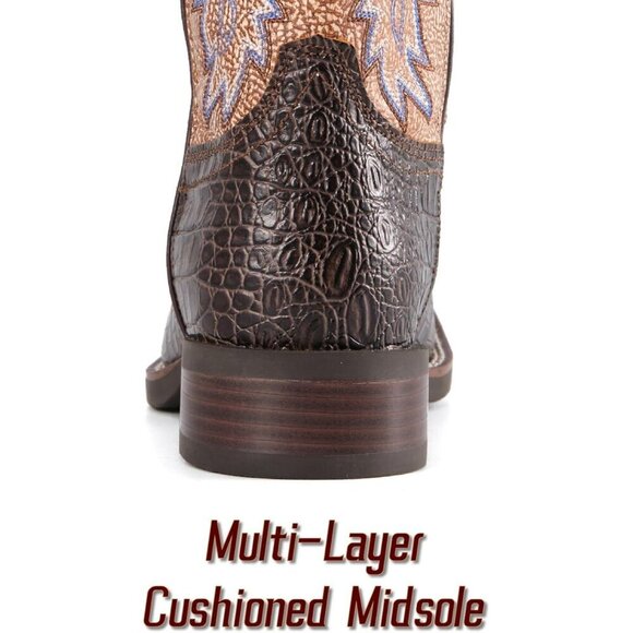 Men Chocolate Caiman Belly Leather Cowboy Bold Crocodile Texture Square Toe Boot